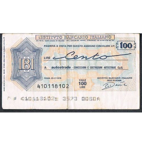 ITALY BANKNOTE 100 Lire 1977 ISTITUTO BANCARIO ITALIANO - F