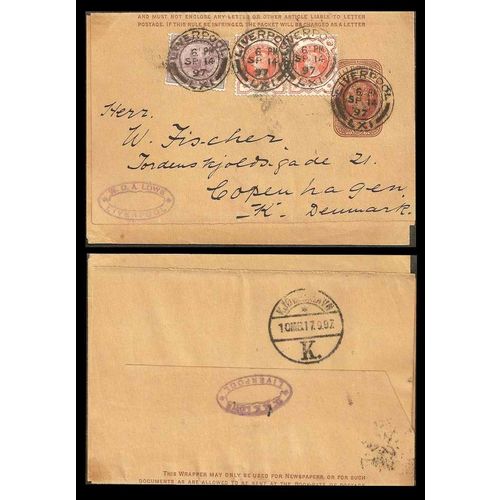 Great Britain GB Wrapper Postal Sta. UPRATED to Denmark 1897