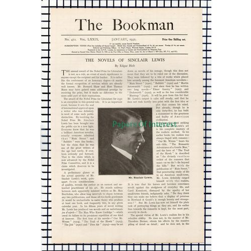 X1181) Sinclair Lewis Author - 1931 Article