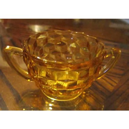 JEANETTE INDIANA CUBED CUBIC CLEAR YELLOW PRESSED GLASS SUGAR BOWL