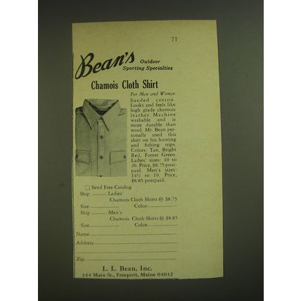 1974 L.L. Bean Chamois Cloth Shirt Ad - Bean's Outdoor sporting specialties