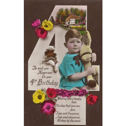 Boy Cuddling Rocking Horse & Jealous Pet Dog RPC Greetings Postcard