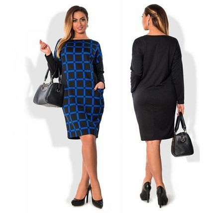 Women's Blue & Black Casual O-Neck Plaid Office Dress (2XL)