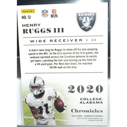 2020 Panini Chronicles HENRY RUGGS III (Raiders) base Rookie Card #51