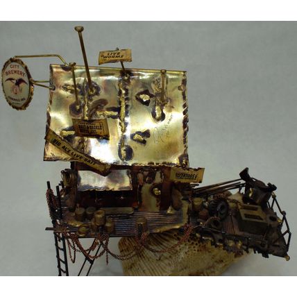 Rare Unique Metal Copper Boat House Sculpture Ernie Abdelnour Coral Rock Base