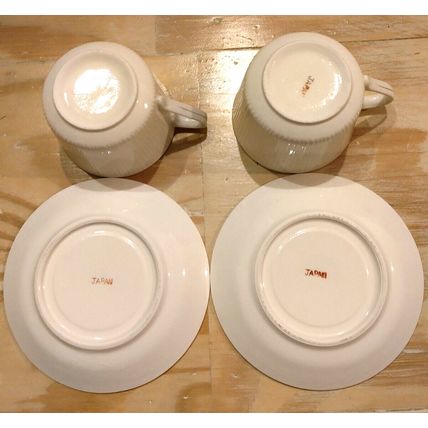 Vintage Japan Cup And Saucer Plater 2x Set White Floral Rooster Stamp