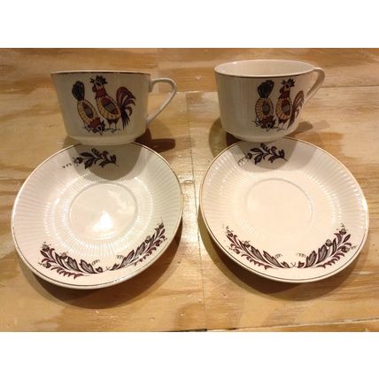Vintage Japan Cup And Saucer Plater 2x Set White Floral Rooster Stamp