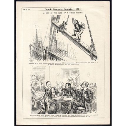 A DAY IN THE LIFE OF A GOSSIP-WRITER 1934 Arthur Wallis Mills PUNCH CARTOON PAGE