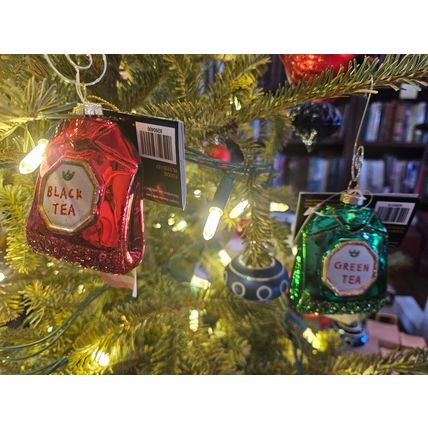 Tea Bag Ornaments - Set of Two Black Tea & Green Tea - Shiny Glass
