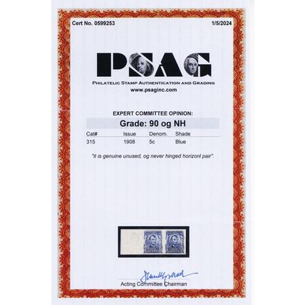 315, Mint XF NH 5¢ Pair - Well Centered - PSAG Graded 90 - Stuart Katz