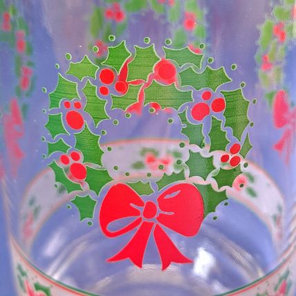 Lot 4 Indiana Glass VICTORIAN CHRISTMAS TUMBLERS 14 oz Wreath Holly Ribbon Drink