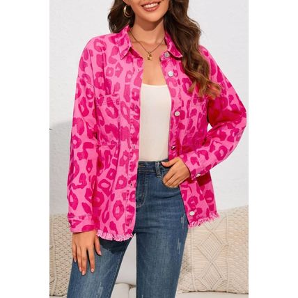 Pink Leopard Print Button Cuffs Raw Hem Jacket