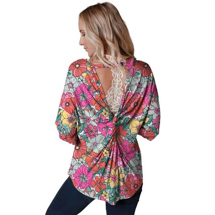 Multicolor Twisted Hollow-out Back Floral Long Sleeve Top