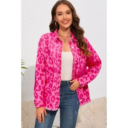 Pink Leopard Print Button Cuffs Raw Hem Jacket
