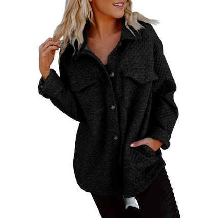 Black Lattice Texture Retro Flap Pocket Button Shacket