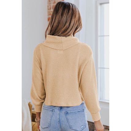 Apricot Solid Waffle Knit Turtleneck Long Sleeve Top