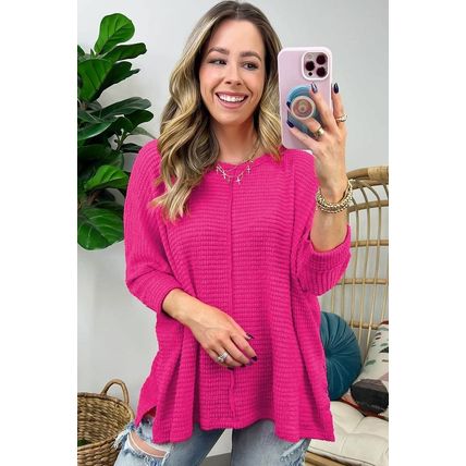 Rose Red Textured Center Seam Long Sleeve Split Top