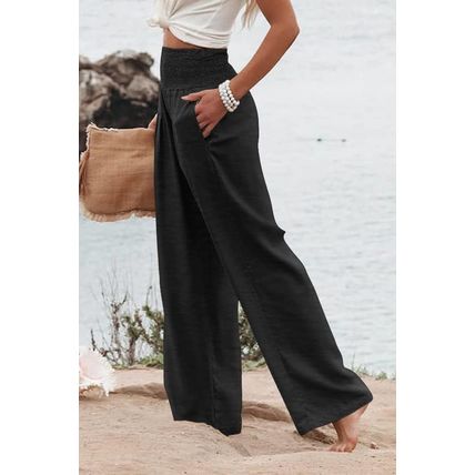 Black Shirred High Waist Plus Size Wide Leg Pants