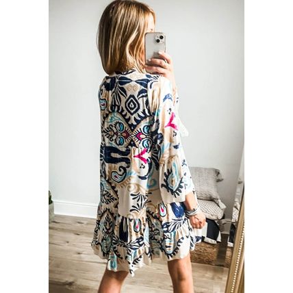 White Printed Tribal Print Bracelet Sleeve Buttoned Mini Dress