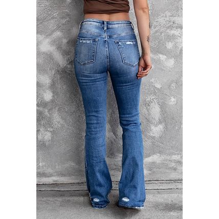 Blue Sequin Bowknot Print Distressed Flared Jeans