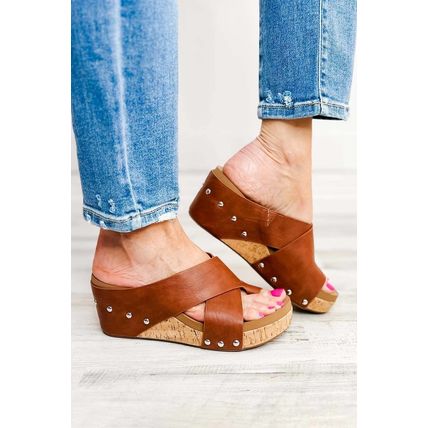 Chestnut Toe Ring Cross Cutout Studded Wedge Slippers