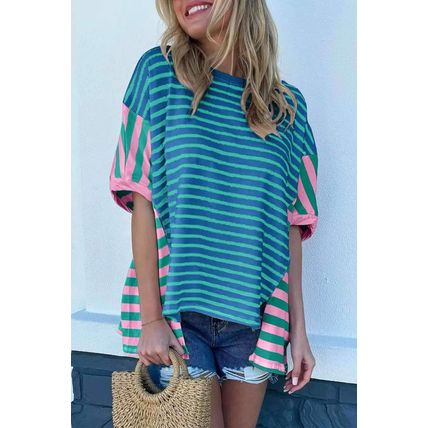 Blue Stripe Colorblock Patchwork Baggy T Shirt