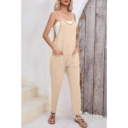 Apricot Side Pockets Harem Pants Sleeveless V Neck Jumpsuit