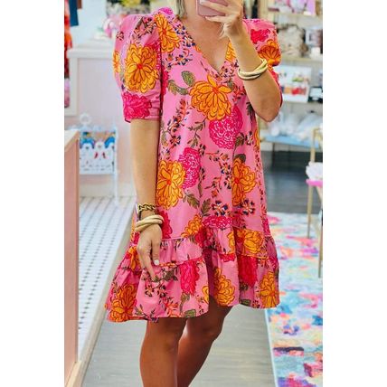 Pink Floral Bubble Sleeve V Neck Ruffled Mini Dress