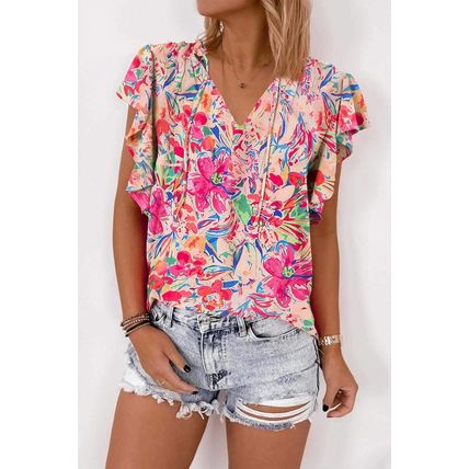 Multicolour Floral Ruffled Sleeve V Neck Summer Blouse