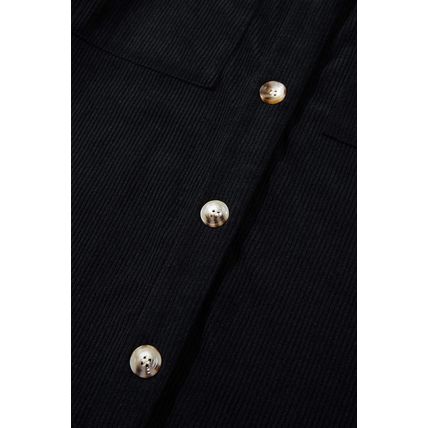 Black Hooded Drawstring Pockets Corduroy Shacket