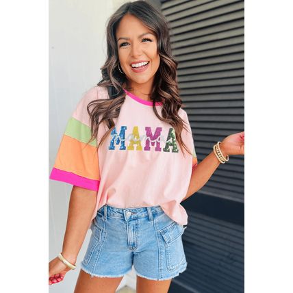 Pink Sequin MAMA Letter Graphic Color Block Patchwork Sleeve Tee