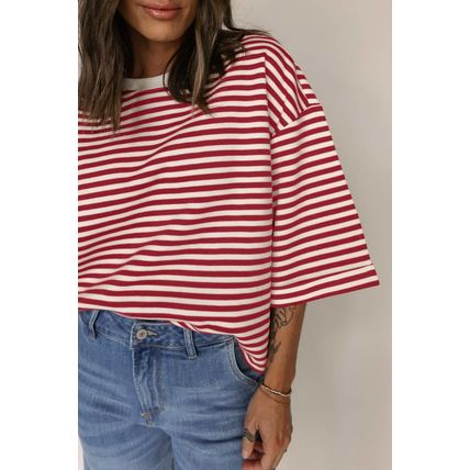 Red Stripe Bowknot Cutout Back Drop Shoulder Wide Bracelet Sleeve Loose Tee
