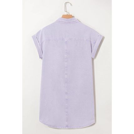 Orchid Petal Short Sleeve Double Chest Pocket Denim Shirt Dress