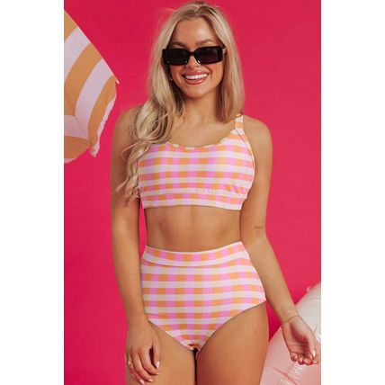 Pink 3pcs Gingham High Waist Bikini & Sarong