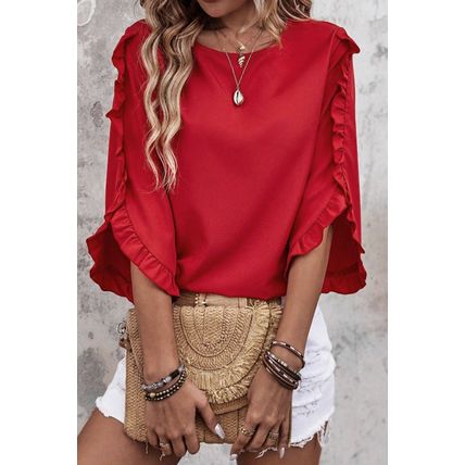 Fiery Red Ruffle Trimmed 3/4 Sleeve Round Neck Blouse