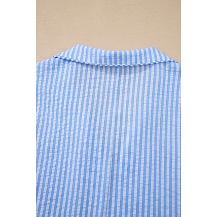 Sky Blue Striped Print Contrast Split Neck Dolman Sleeve Blouse
