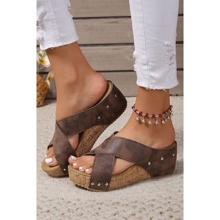 Coffee Criss Cross Cut Out PU Leather Wedge Slippers