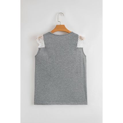Gray Lace Patchwork Criss Cross V Neck Tank Top
