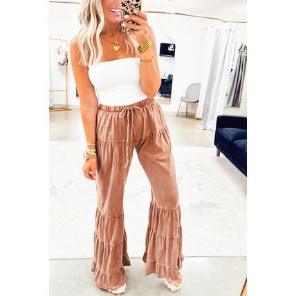 Straw Yellow Mineral Wash Lace-up High Waist Tiered Bell Bottom Pants