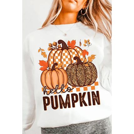White Hello Pumpkin Thanksgiving Graphic Sweatshirt
