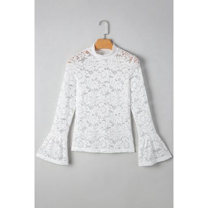 White Lace Crochet Bell Sleeve Mock Neck Blouse