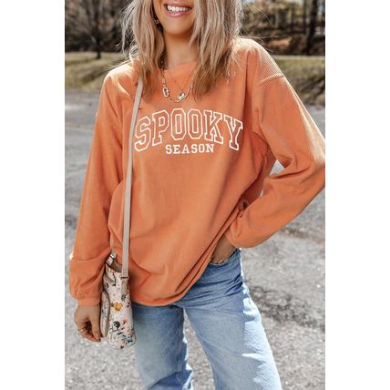 Orange SPOOKY SEASON Embroidered Letter Graphic Twisted Ribbed Sweatshirt