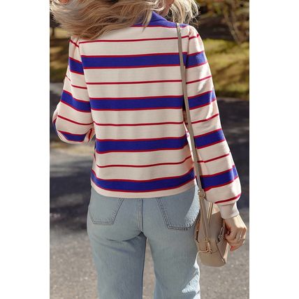 Blue Stripe Color Block Polo Pullover Sweatshirt