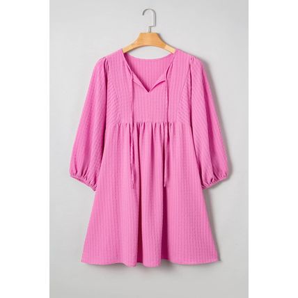Sachet Pink Plus Size Textured Tie Split Neck Puff Sleeve Flowy Mini Dress