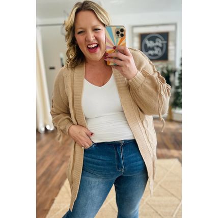 Parchment Cable Knit Braided Tie Sleeve Plus Size Open Cardigan