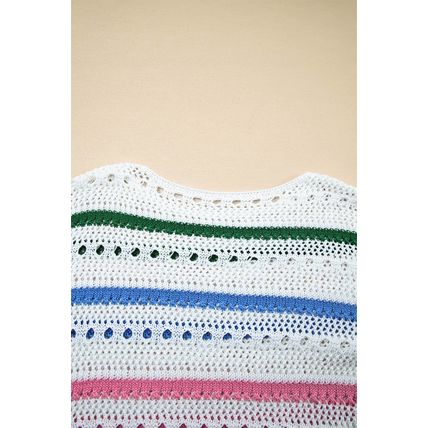 White Color Block Striped Pointelle Knit Sweater