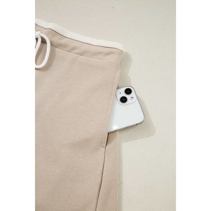 Parchment Raw Edge Detail Colorblock Patchwork Cropped Pullover Drawstring Skirt