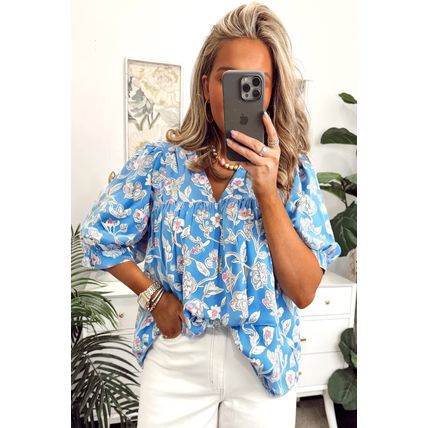 Sky Blue V Neck Floral Print 3/4 Puff Sleeve Blouse