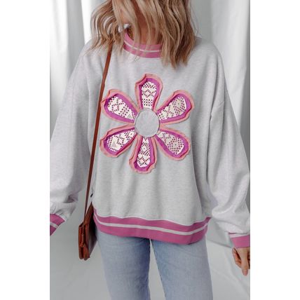 Gray Flower Patch Contrast Trim Crew Neck Sweatshirt