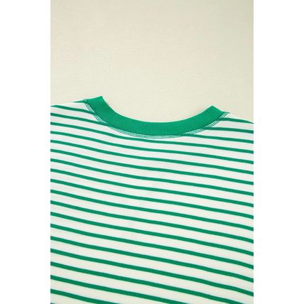 Bright Green Striped Exposed Seam Patchwork Loose Pullover Top